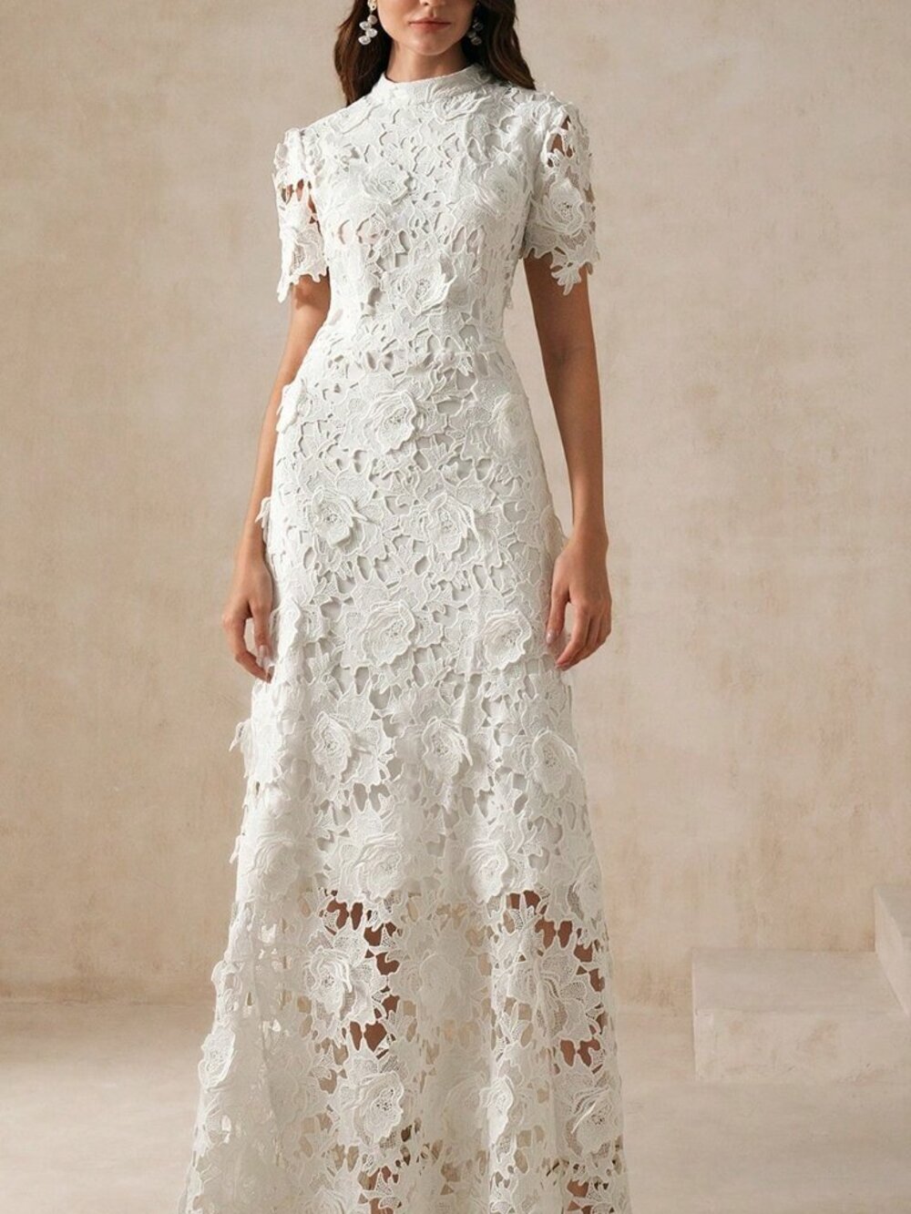 White Elegant Women's Slim Fit Lace Trimmed Maxi Dress - Picture 7 of 7